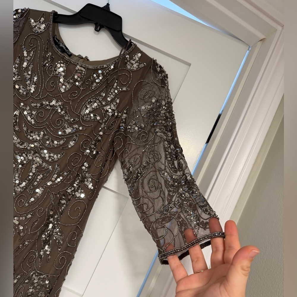 Pisarro Nights Taupe Beaded Long-Sleeve Evening Gown - Picture 7 of 10